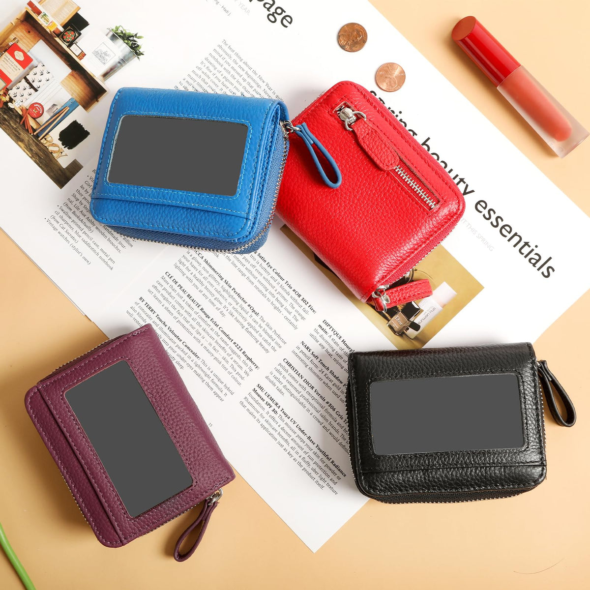 DELIRSTYIN Genuine Wallet Women RFID Blocking Card Holder, Small Leather Womens Wallet with Zipper ID Window Coin Pocket