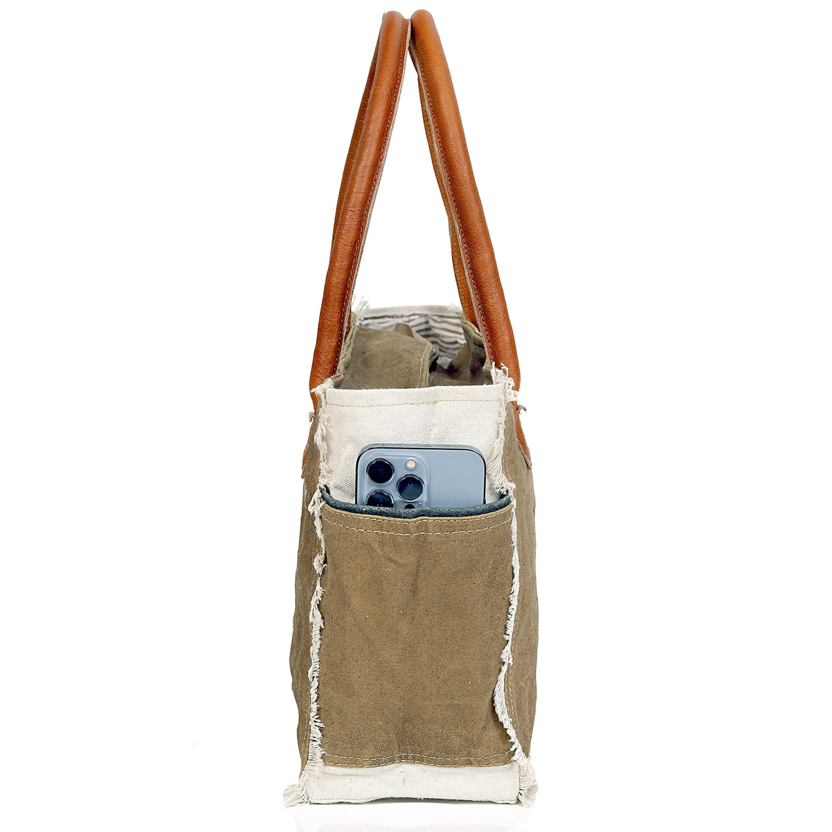 Sel de Mer Canvas Tote Bag for Women with Leather Handles, Shoulder Bag, Casual Everyday Purse, Beach, Travel, Shopping Bag (Khaki, 13 x 10 Inch)