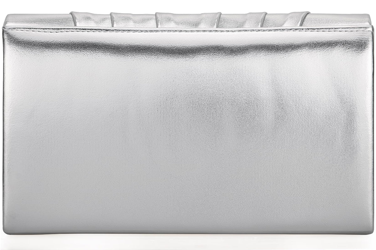 Venoline Women Evening Clutch Purse - Shimmering Metallic PU Leather Pleated Flap Envelope Handbag for Wedding Prom Party Silver