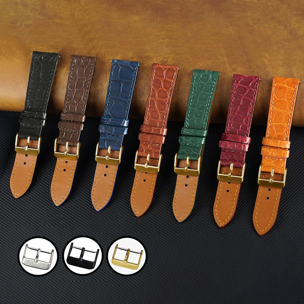 Premium 20mm Flat Black Watch Band for Men, Handcraft Leather Watch Strap, Easy Install Strap Gold Stainless Buckle Present Gift Husband Boyfriend Son Christmas Fathers Day Birthday DH21G20MM