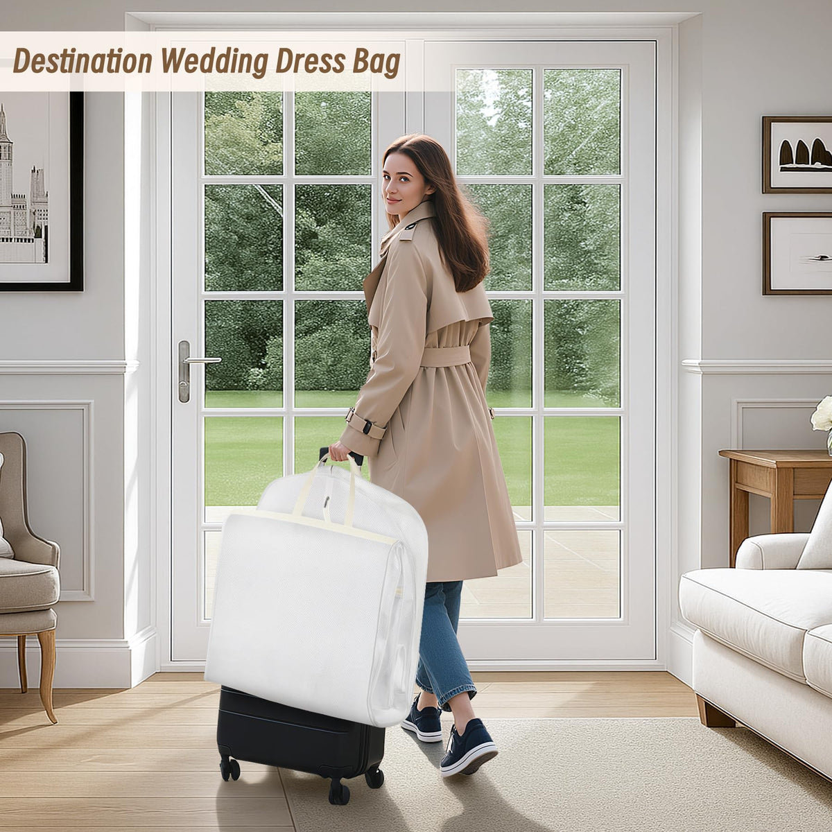 KIMBORA 72” Wedding Dress Garment Bag with 15” Gusset Bridal Dress Bags for Gowns Long Storage and Travel Large Mesh Pockets Hanging Garment Cover for Women, White