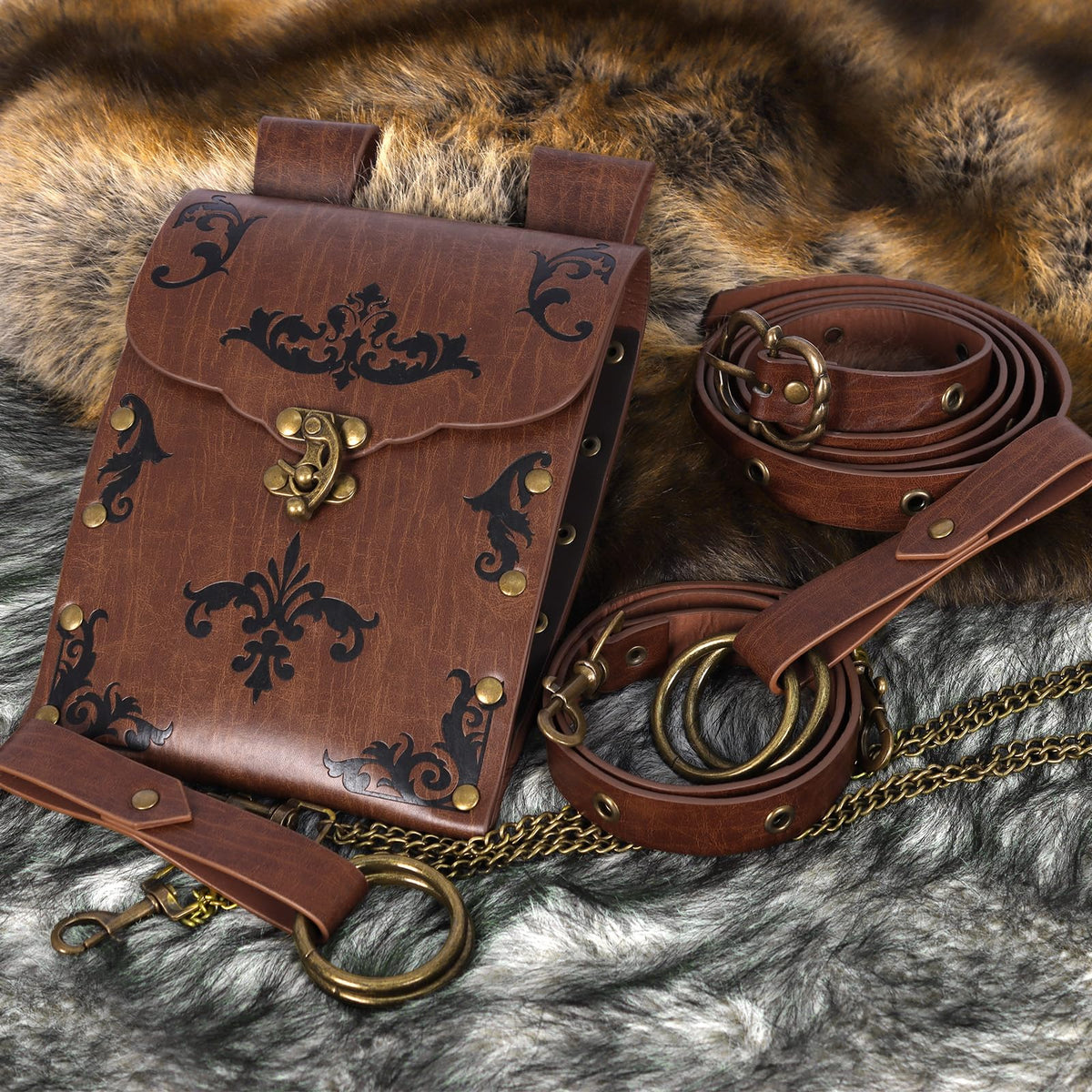 TobWeaL Renaissance Pirate Chain Belt Pouch Set - Medieval Viking Skirt Hike Faux Leather Waist Bag Costume Accessories for Cosplay (Brown)