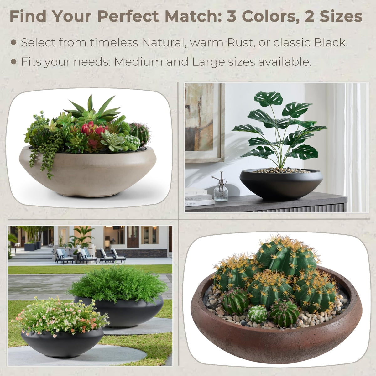 Bowl Planter 19" Dia x 6.3" H Large Succulent Pot with Drain Hole, 16.7" Opening Concrete Flowerpot for Indoor Outdoor Plants Herbs Bonsai, Round Planters for Home, Patio, Garden, Medium-Natural