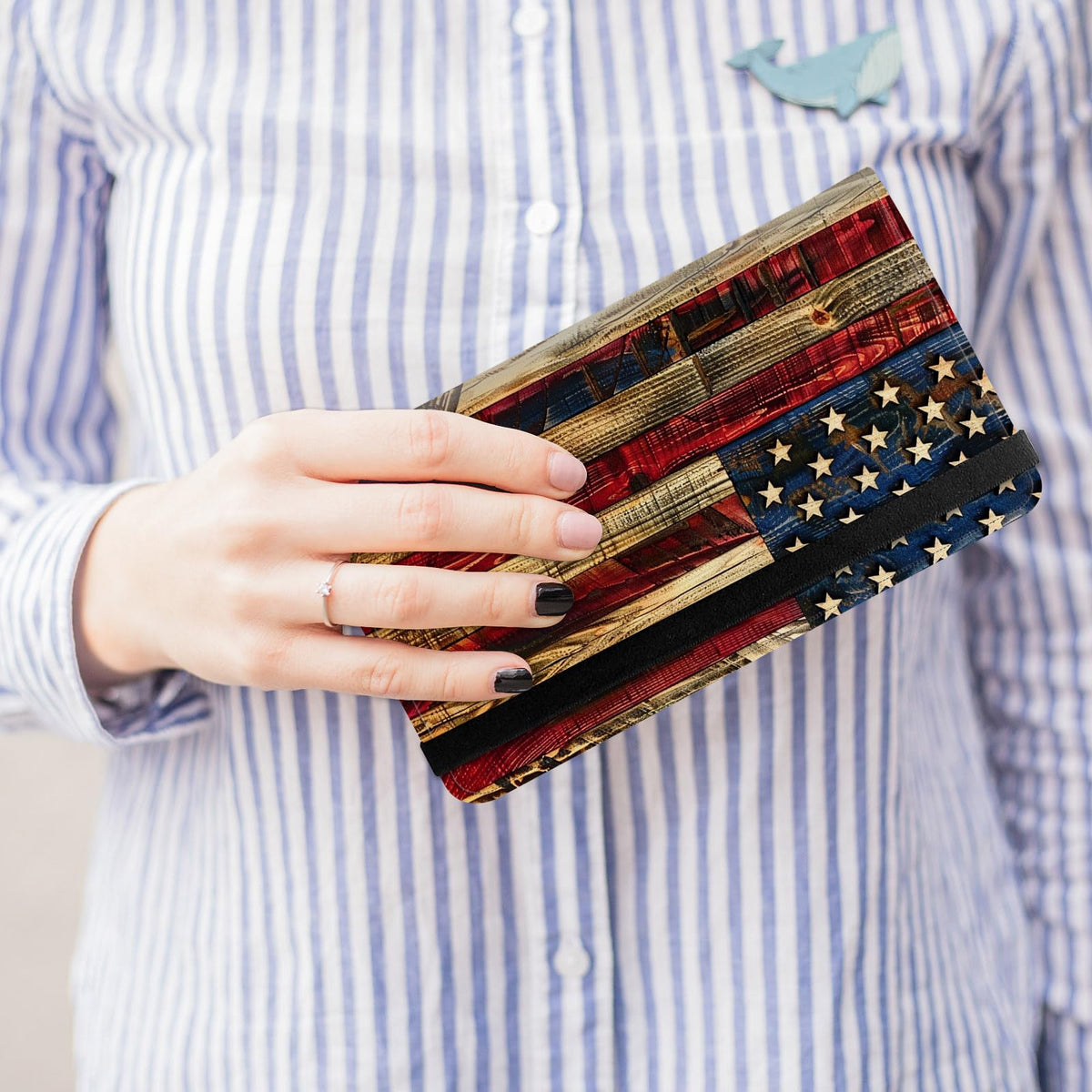 ACWDMKH Leather Checkbook Cover for Men Women Personal Checkbook Holder RFID Blocking Check Book Holder Cover for Duplicate Checks,with A Pen,American Flag Wood