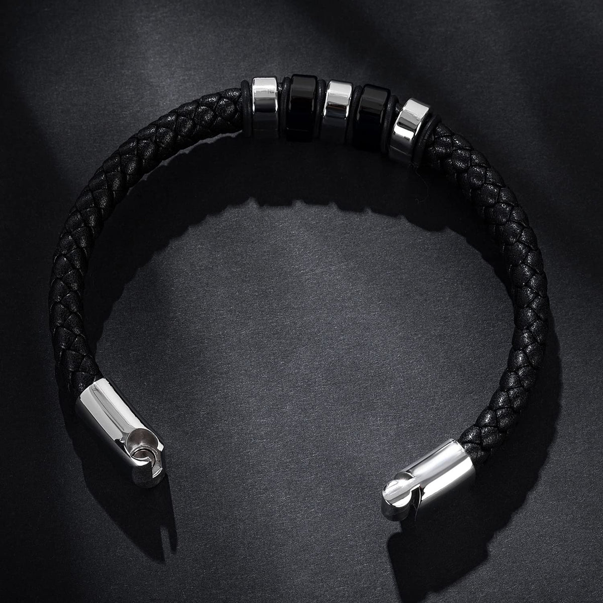 LJWVX Mens Black Leather Bracelets,Braided Leather Wristband Cuff,Stainless Steel Clasp,Bracelet Gift for Dad