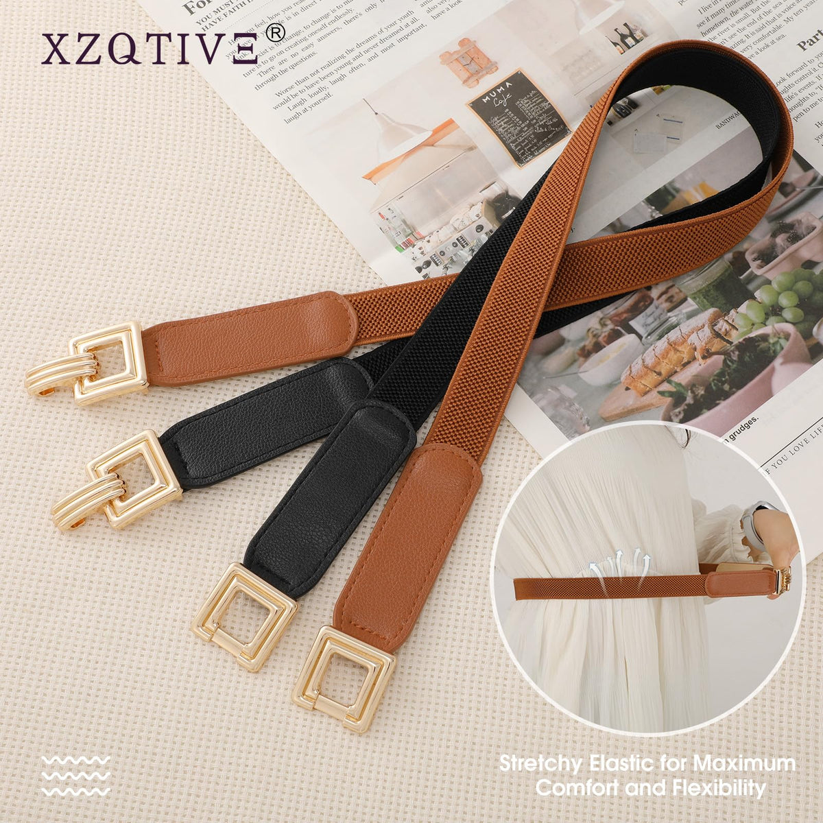 XZQTIVE 2 Pack Women Skinny Stretchy Cinch Belt for Dresses, Thin Elastic Belt Ladies Waist Belt with Retro Gold Buckle (Black+Brown) Fit Waist Size 32"-39"