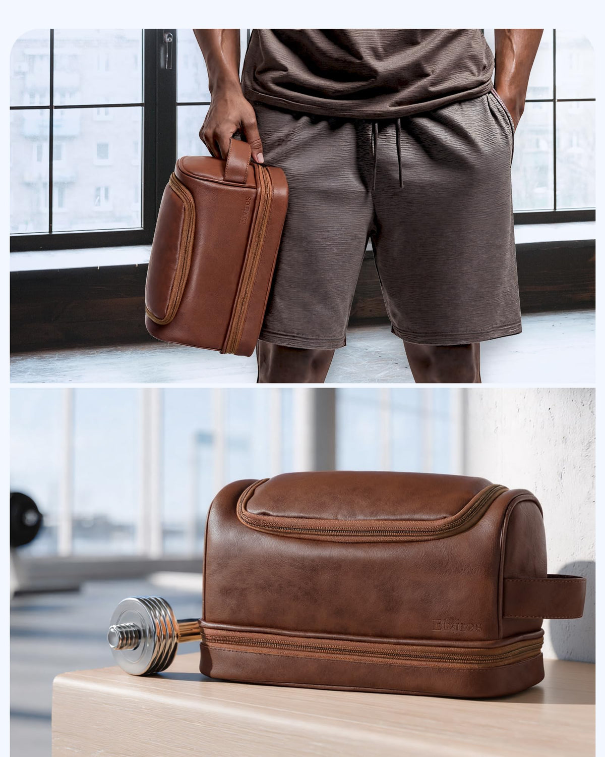 Elviros Toiletry Bag for Mens PU Leather Travel Organizer Kit with Hanging hook, Large Water-resistant Toiletries Bathroom Shaving Bag, Gift For Men (Dark Brown)