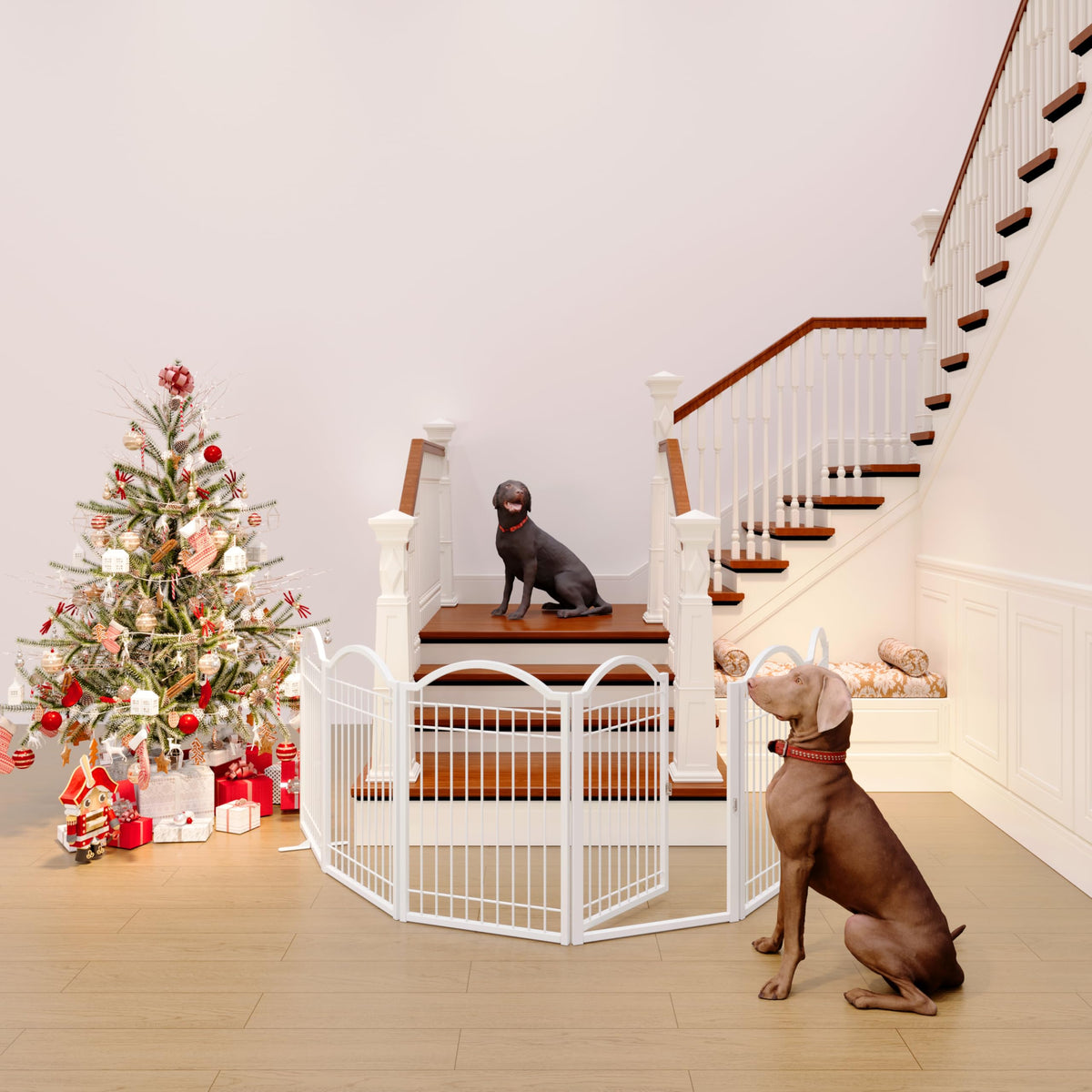 BHG Metal No-Assembly Freestanding Dog Gate with Door Walk Through, Extra Wide 144", Extra Tall 32" Pet Gate, Accordion Puppy Folding Playpen Dog Fence, with 2PCS Support (White, 6 panesl)