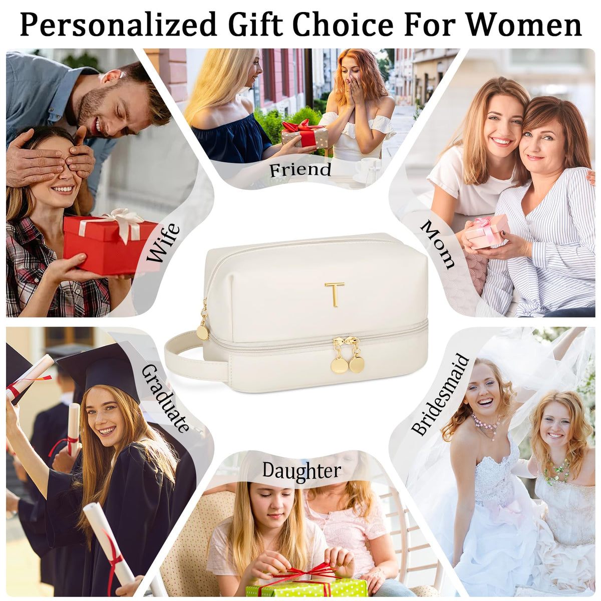 CLOUDWINGS Initial Makeup Bag for Women - Personalized Double Layer Cosmetic Bags with Makeup Brush Organizer, Hanging Travel Toiletry Bag with Large Capacity, Gifts for Mom Girlfriend Wife(Beige,T)