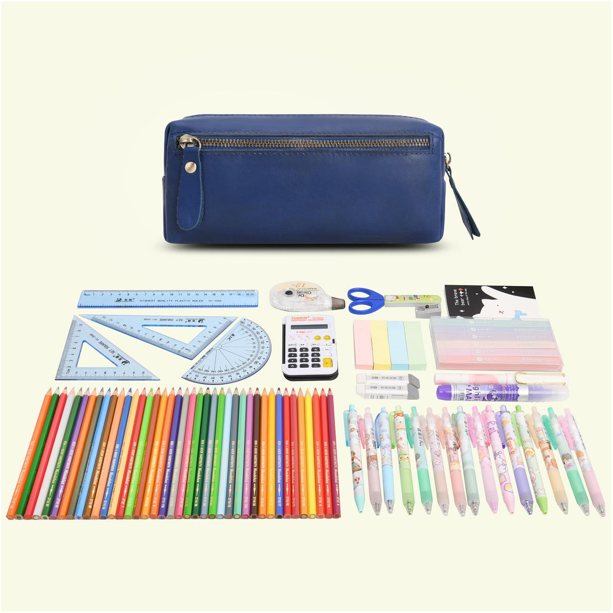 Wonderpool Pen Case Real Leather Pencil Pouch Markers Holder Big Capacity Bag with Side Zippered Pocket Sleeve for Stationery Makeup Utensils Organizer (Blue)