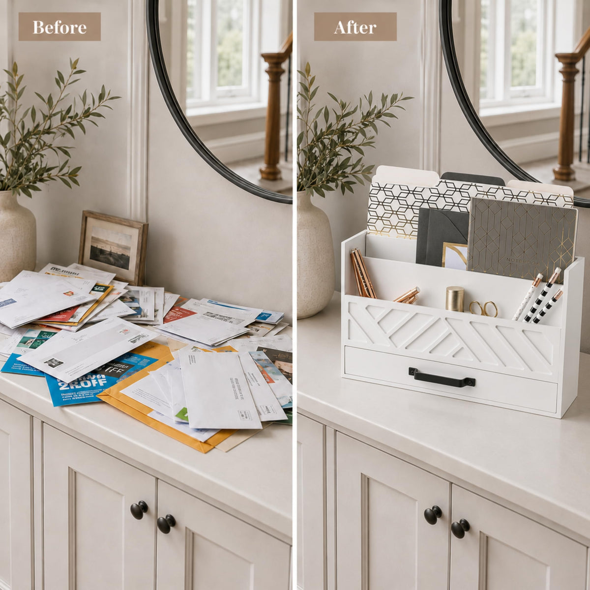 BLU MONACO | Wooden Mail Organizer with Drawer | Mail Organizer Countertop with 6 Compartments | Bill Holder for Desk | White Desktop Mail Sorter