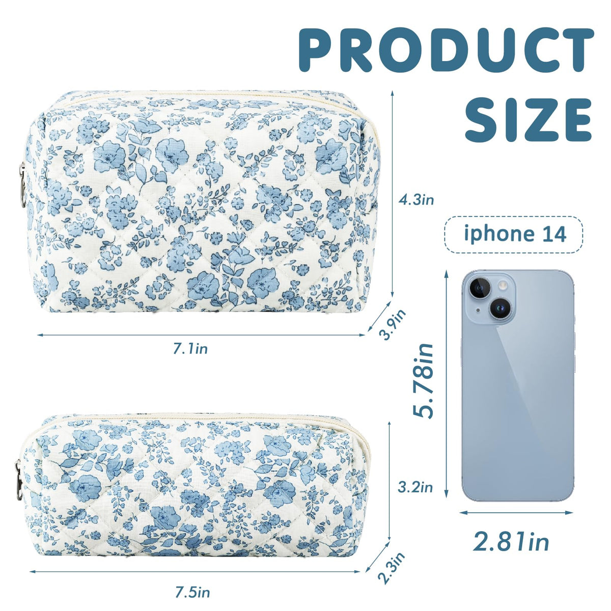 URSKYTOUS 2Pcs Floral Makeup Bag for Women Cotton Quilted Small Coquette Cosmetic Bag Cute Zipper Blue Flower Makeup Pouch Aesthetic Portable Pencil Case Travel Toiletry Bag Trendy Cloth Skincare Bag