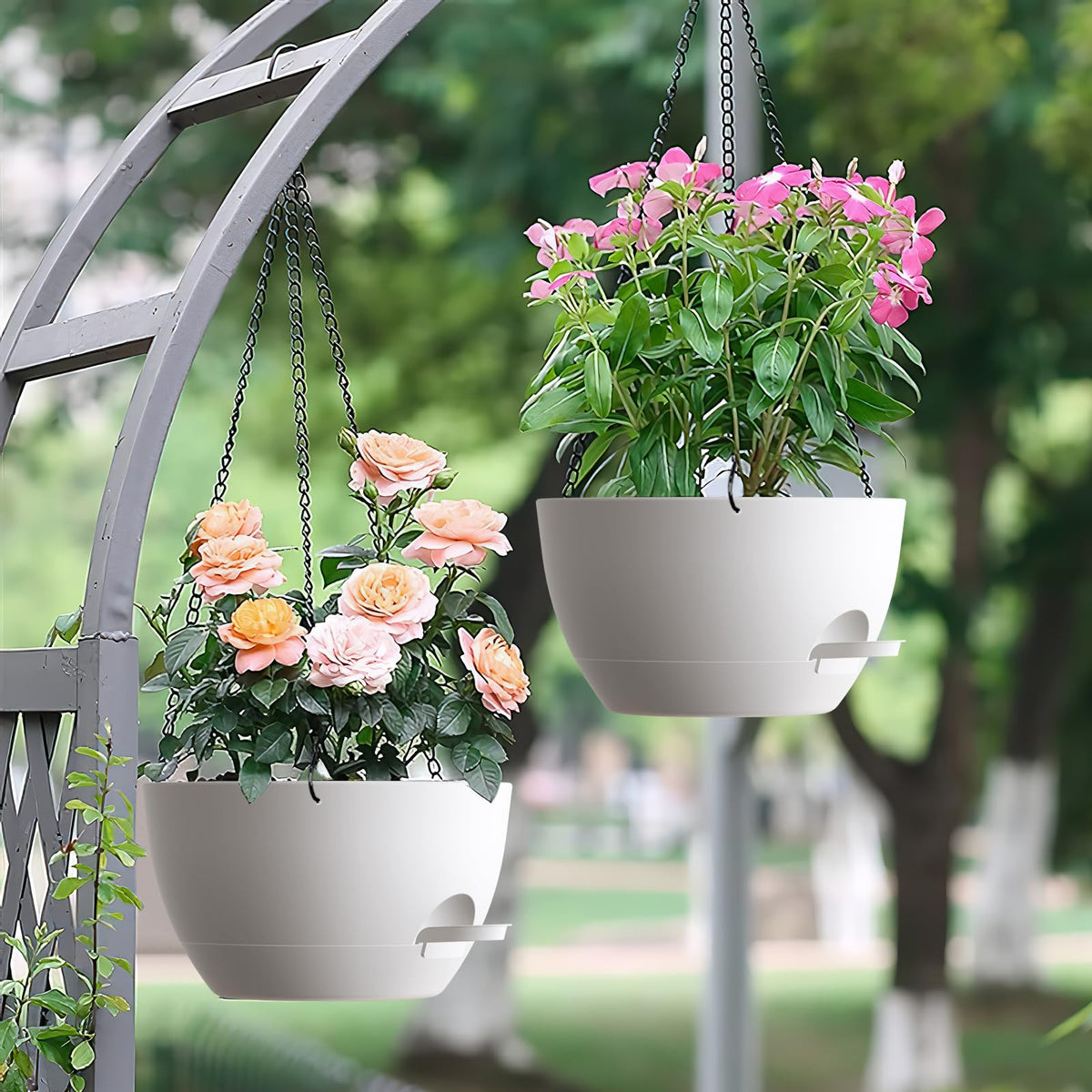 UOUZ Set of 3-10 Inch Self Watering Hanging Planters for Indoor Outdoor,Hanging Plant Pots with Drainage & Removable Tray, Hanging Pots for Pothos Plant, Spider Plants, Ferns, Balcony & Patio, White