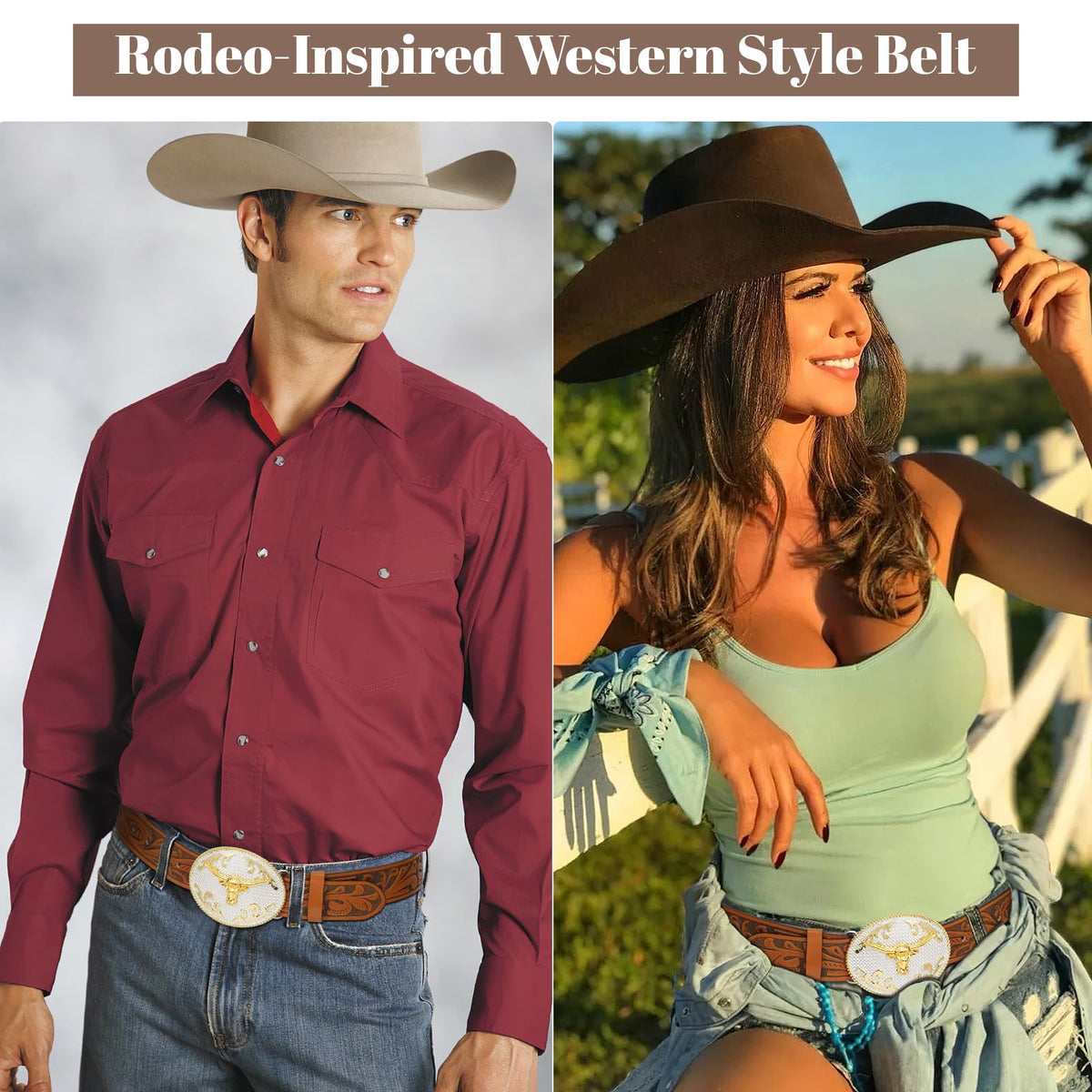 SANSTHS Cowboy Belts for Men Women, Western Leather Belt with Big Buckles Mexican Country Black Longhorn Bull Belt for Jeans, Brown