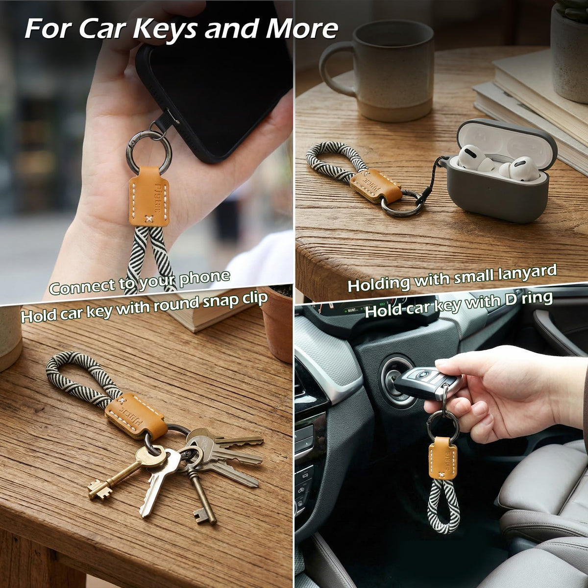 PJYTAC Keychain for Car Keys, Short Key Lanyard for Women, Cute Leather Rope Car Key Holder Key Chain with D Key Ring, Accessories Kit Phone Tether Tab Gift for Women Men