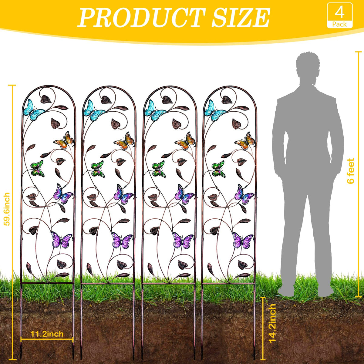 aboxoo Set of 4 Packs Butterfly Metal Garden Trellis for Climbing Plants,Outdoor Decorative Flowers Arch Fence Trellis for Outdoor Patio,Garden,Lawn,Yard,Backyard,Wall Brackets,60'' H x 11'' W