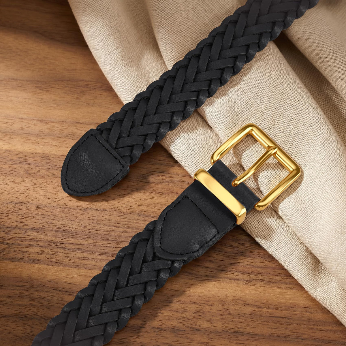 TRIWORKS Women's Braided Woven Leather Belt with Gold Buckle Belts for Women Versatile for Jeans Pants Dress