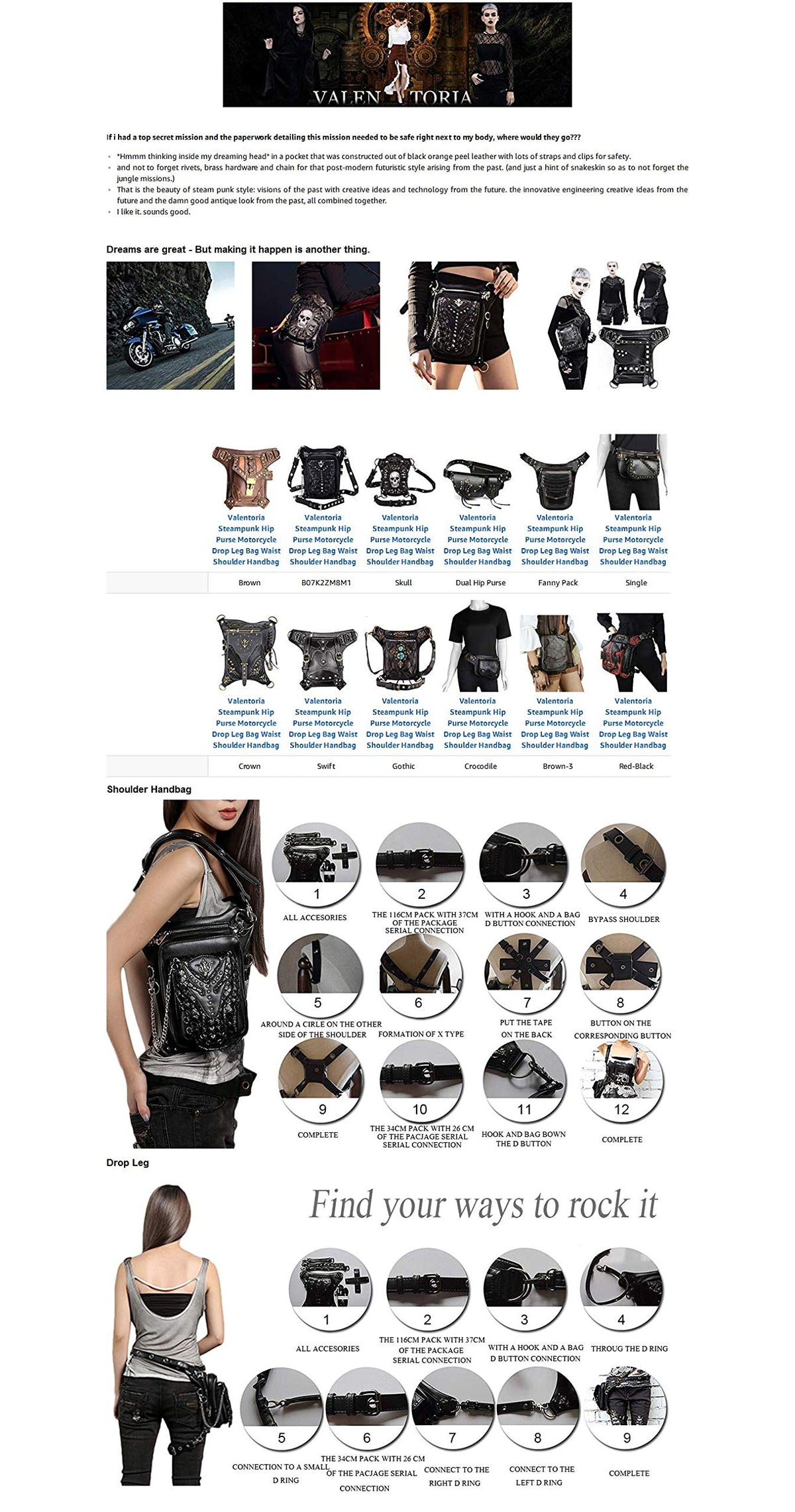 Steampunk Waist Bag Fanny Pack Fashion Gothic Leather Shoulder Crossbody Messenger Bags Thigh Leg Hip Holster Purse Travel Pouch Hiking Sport Chain Bags for Women Men brown