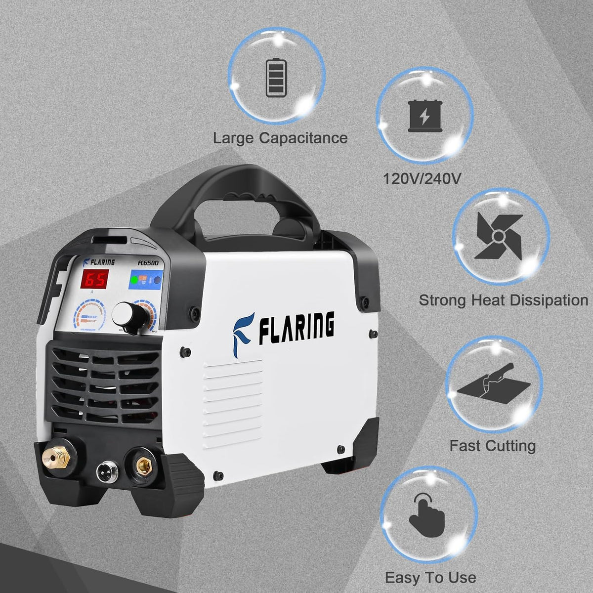 FLARING Plasma Cutter,65 Amp Plasma Cutter Machine 120V 240V 4/5" (20mm) Max Cutting 1/2" (12.7mm) Clean Cut IGBT High Frequency Inverter Touch ARC Plasma Cutter with Consumable Set Update 5th FC650D
