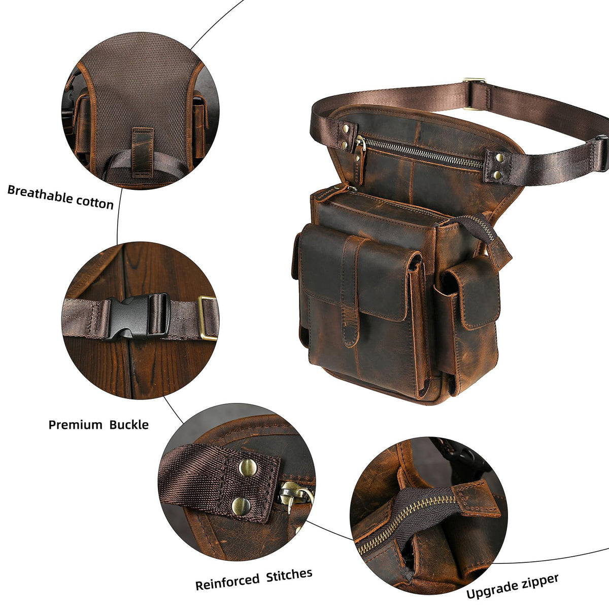 Handadsume Water Resistant Canvas + Leather Motorcycle Travel Fanny Waist Pack Drop Thigh Leg Bag Pouch For Men Women FB913-5 (100% Genuine Leather-Brown)