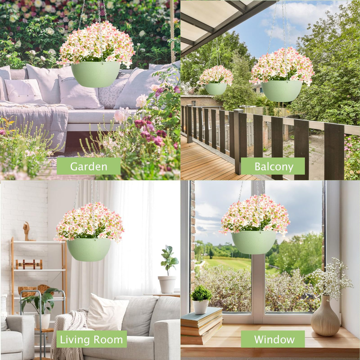 XXXFLOWER Hanging Planters 2 Pack Hanging Baskets Plastic Flower Pot with Drainage Hole & Chain & Hook,Hanging Flower Baskets for Indoor and Outdoor Plants,Home Wall Boho Decor(Green)