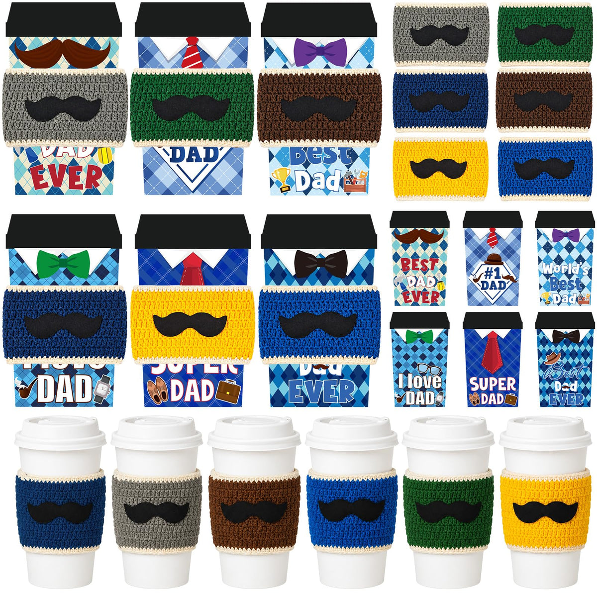 Cinrobiye Crochet Coffee Cup Sleeve Set, Father’s Day Gift Set for Dad and Grandpa, Reusable Knit Mug Cozy Covers 6 Pack with Appreciation Cards, Blue Coffee Cup Holder Gift