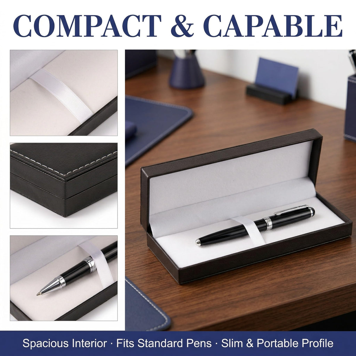 ZGGAZCA Leather Pen Box Single Case Empty Rectangle Pen Boxes for Fountain and Ballpoint Pens Display Organizer Storage Case for Men and Women Business Office School Supplies Collection Black