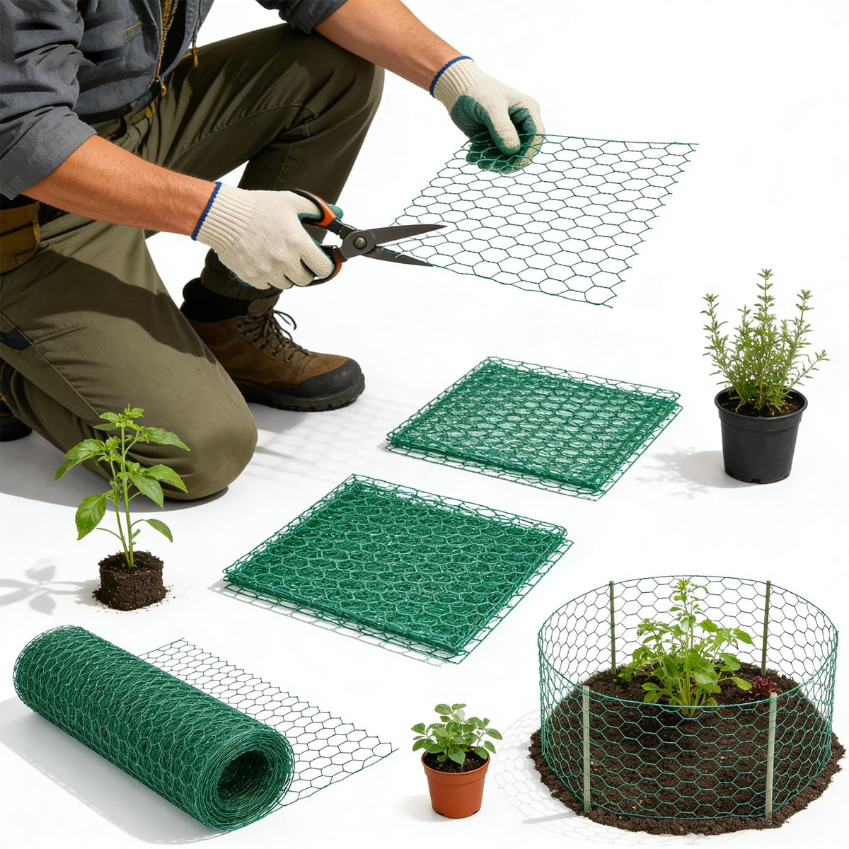 Chicken Wire Mesh,16.4 Ft x 15.4In Plant Protectors from Animals,Coated Green Chicken Wire Mesh,Stakes,Pliers,Gloves,Outdoor Anti-Rust Garden Animal Barrier Fence for Chicken Coop Barrier Rabbit Cage