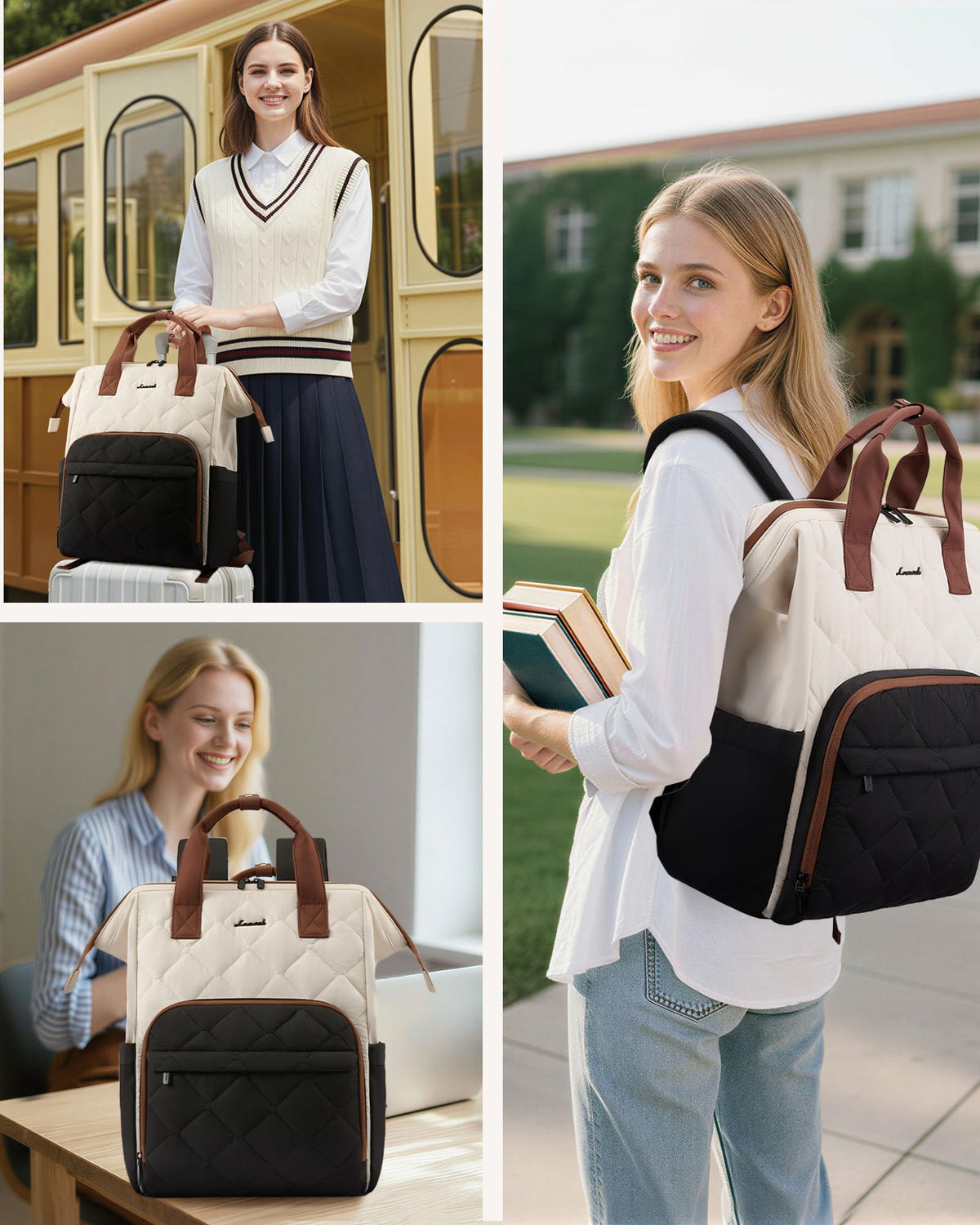 LOVEVOOK Laptop Backpack for Women, 15.6 inch Work Travel Backpack Purse, Puffer Quilted Laptop Backpack Casual Daypack for Nurse Teacher,Black-White-Gray