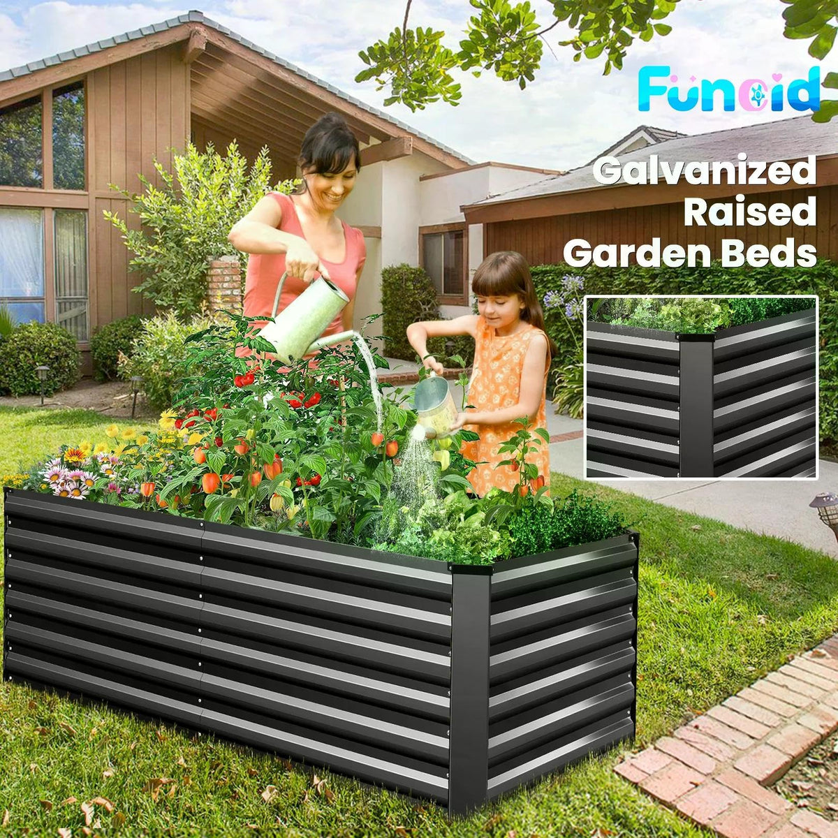 Homdox 6ร3ร2FT Galvanized Metal Raised Garden Bed Kit, Deep Root Elevated Planter Box w/Anti Cutting Strip & A Pair of Gloves, for Vegetables, Flowers, Herbs, Succulents, 265 Gallon Capacity, Black