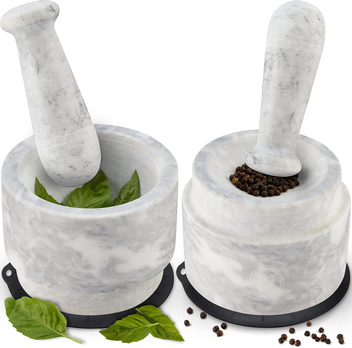 Laevo White Marble Mortar and Pestle Set - Heavy Duty Stone Spice Grinder - 2.1 Cup Capacity, 5.5-Inch Reversible Mortar and Pestle Set for Guacamole, Pesto, Spices - Large