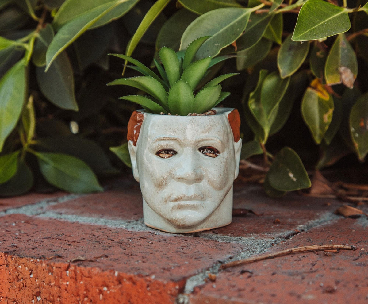 Toynk Halloween Michael Myers 3-Inch Ceramic Mini Planter with Artificial Succulent | Small Flower Pot, Faux Indoor Plant