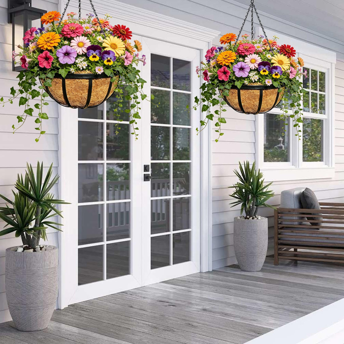 Qusuxi 2 Pack 12 Inch Metal Outdoor Hanging Baskets Black Heavy Duty Hanging Planters with Coco Liners for Indoor Outdoor Plants Gardens Patios Terraces(Flat Iron)