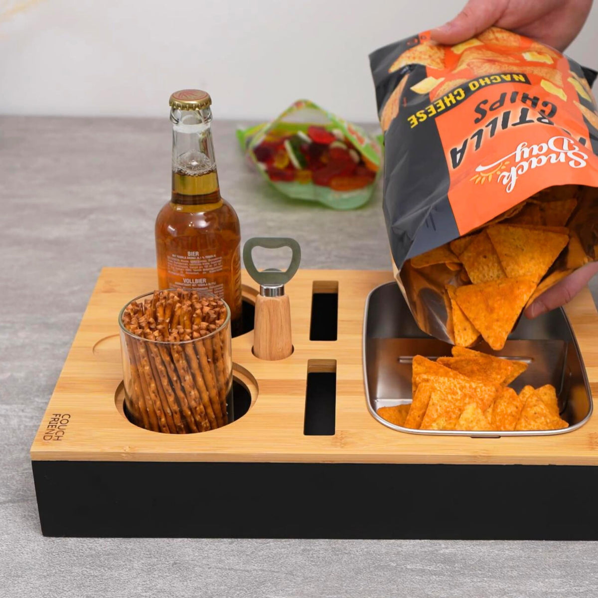D&D Living® Couch Caddy - Bamboo Couch Console | Anti-Spill Drink and Cup Holder | Snack Organizer Tray for Sofa with Bottle Opener