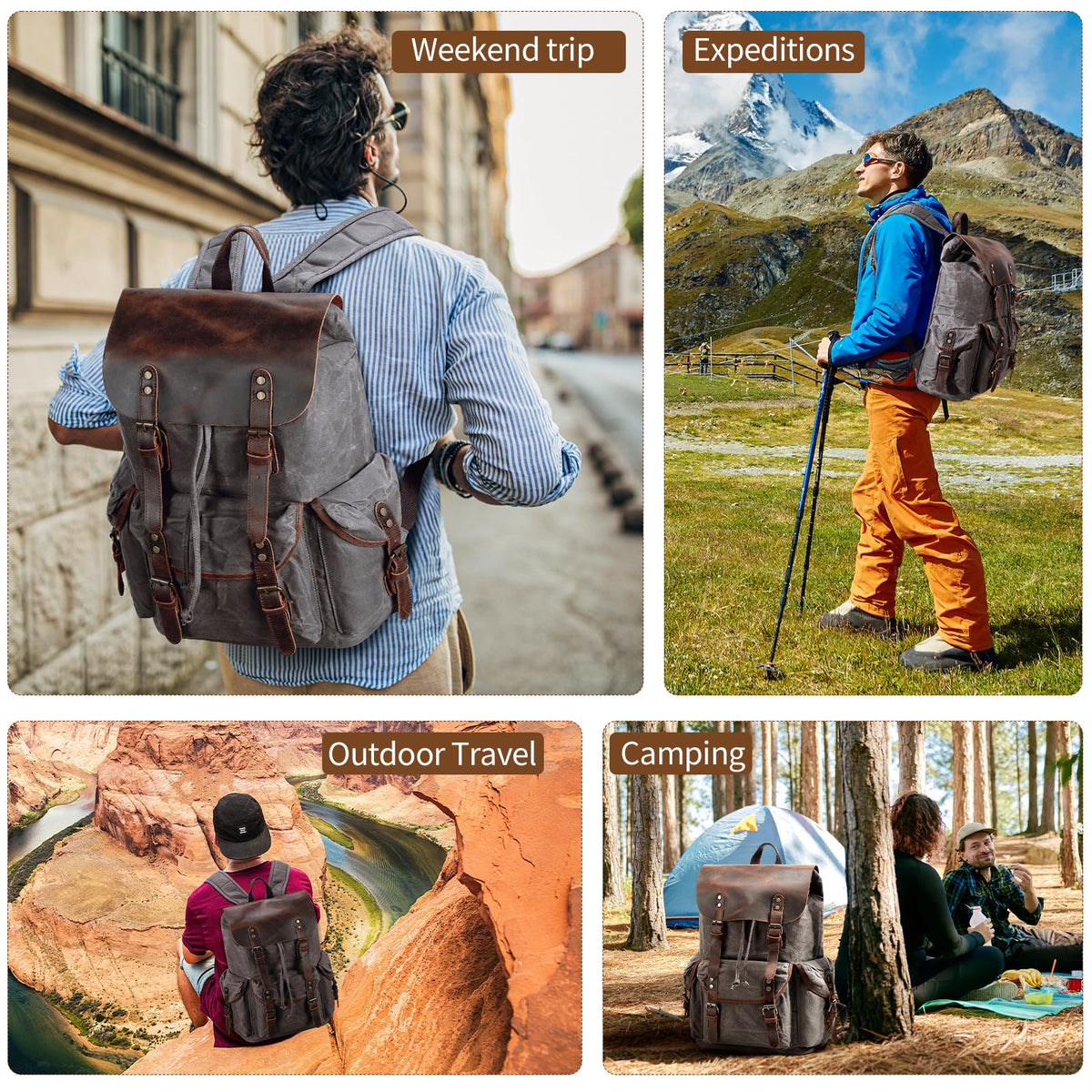 Yamons Genuine Leather Backpack for Men, Waxed Canvas Backpack Shoulder Rucksack with Toiletry Vintage Backpack for Travel,Camping, Hiking(Grey)