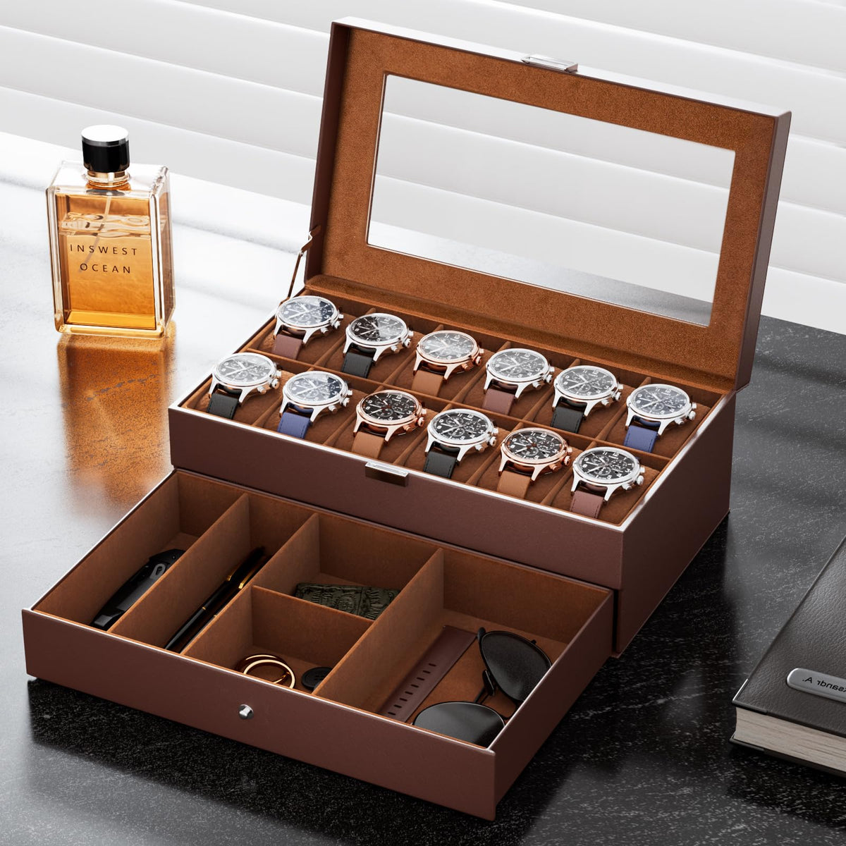 ProCase Watch Box, Fathers Day Gift for Dad, 12 Slot Mens Watch Case With Drawer, 2-Layer Watch Display Case With Glass Lid, Mens Jewelry Box Storage Holder Organizer -12Slot, Espresso