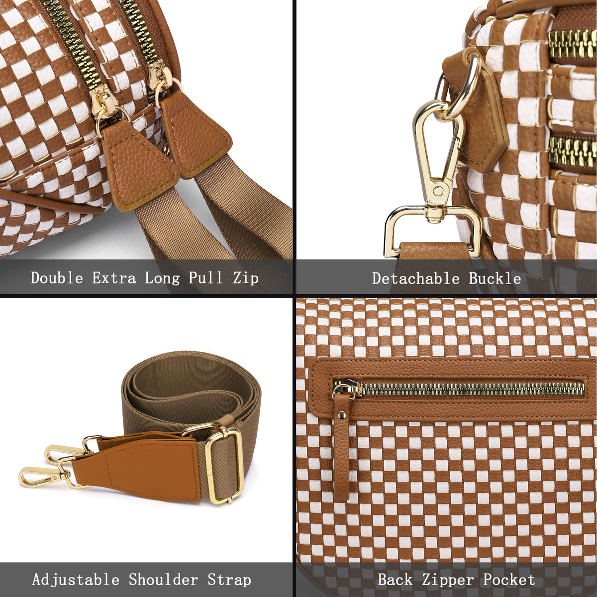AMZFROG Checkered Woven Crossbody Bum Bags for Women Trendy Casual Chest Bag Sling Bags Genuine Leather Fanny Packs Adjustable Strap Large Shoulder Handags for Outdoor Travel Brown White