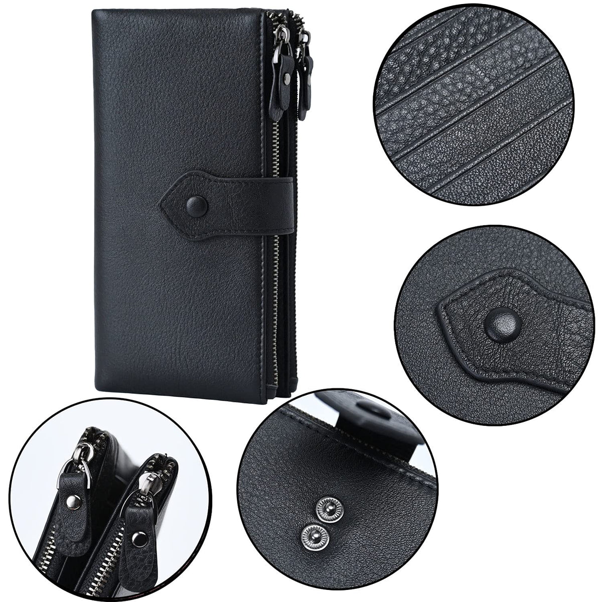 Bveyzi Women Soft Leather RFID Blocking Bifold Slim Wallets Ladies Credit Card Holder Double Zipper Pocket(Black)