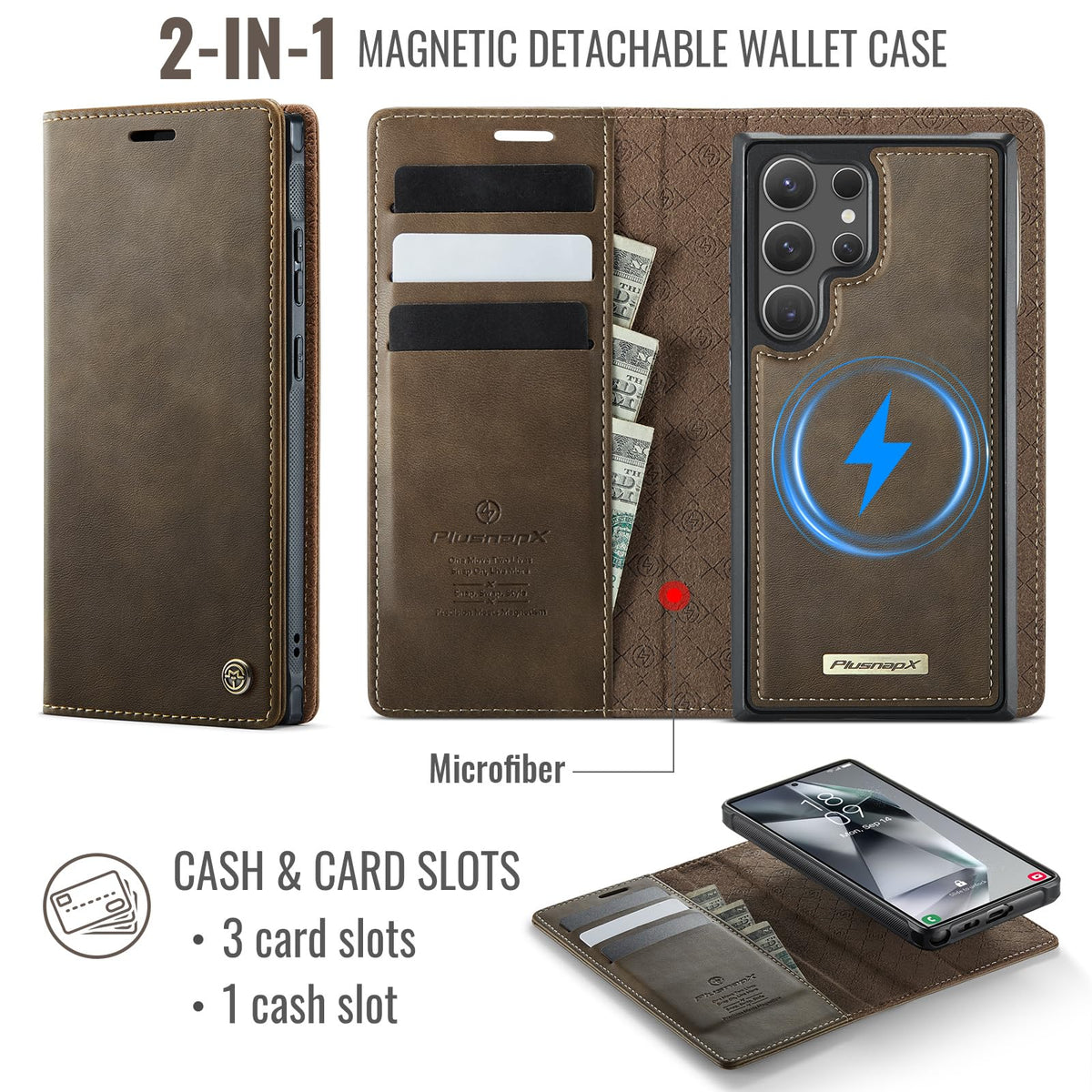PlusnapX Wallet Case for Samsung Galaxy S24 Ultra Compatible with Magsafe, 2-in-1 PU Leather Flip RFID Blocking Card Holder Stand Shockproof Magnetic Detachable Cover for Galaxy S24 Ultra, Brown