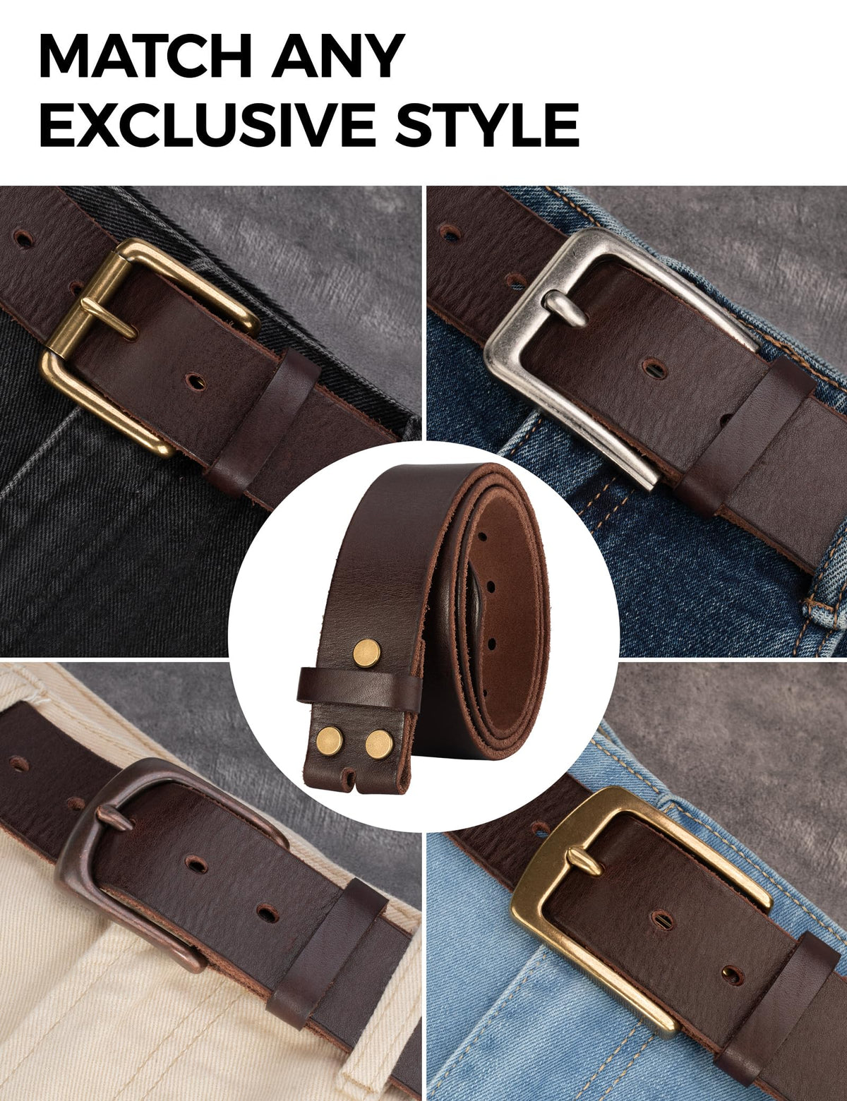TYWestyles No Buckle Full Grain Leather Belt Men Women Fits With 1.5 Inch Buckle (Dark Brown, M(Fit Waist 31-33)