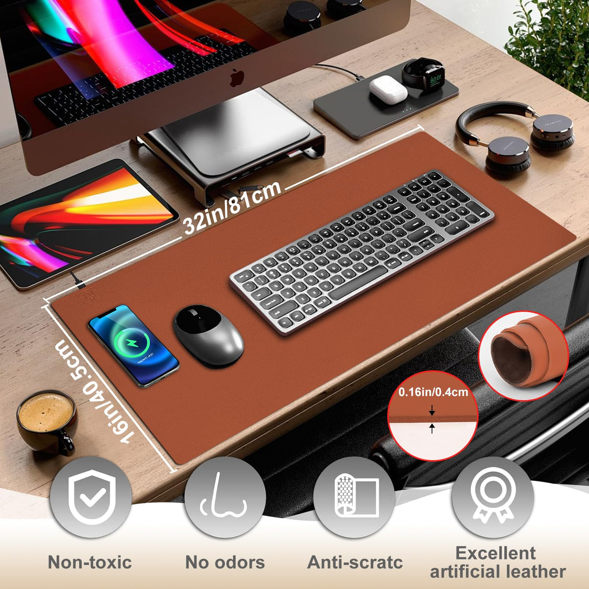 Desk Mat with Wireless Charging, Brown Mouse Pad with Wireless Charger, Desk Pad Matt for Desktop, Mousepad Gaming Large Mouse Pad, Leather Compute for Keyboard and Mouse, 32" x 16"
