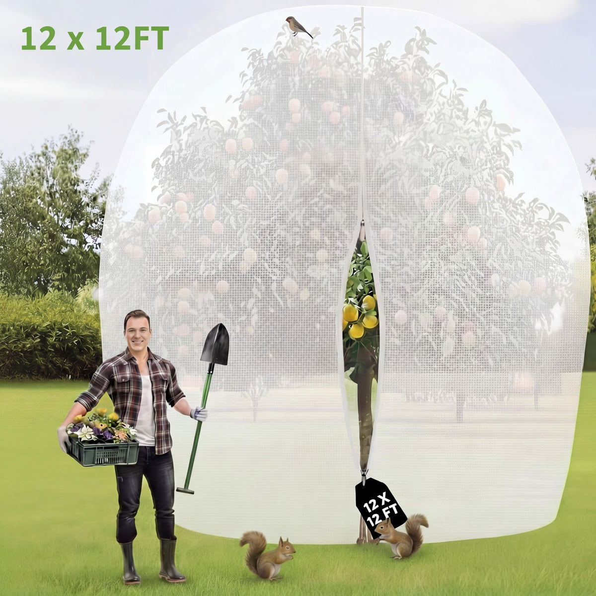 Vincreem 12 x 12 ft Large Fruit Tree Netting for Protecting Fruit from Squirrels Birds Bug Deer & Rat Garden Mesh Netting with Zipper and Drawstring Heavy Duty Tree Covers for Garden Bushes