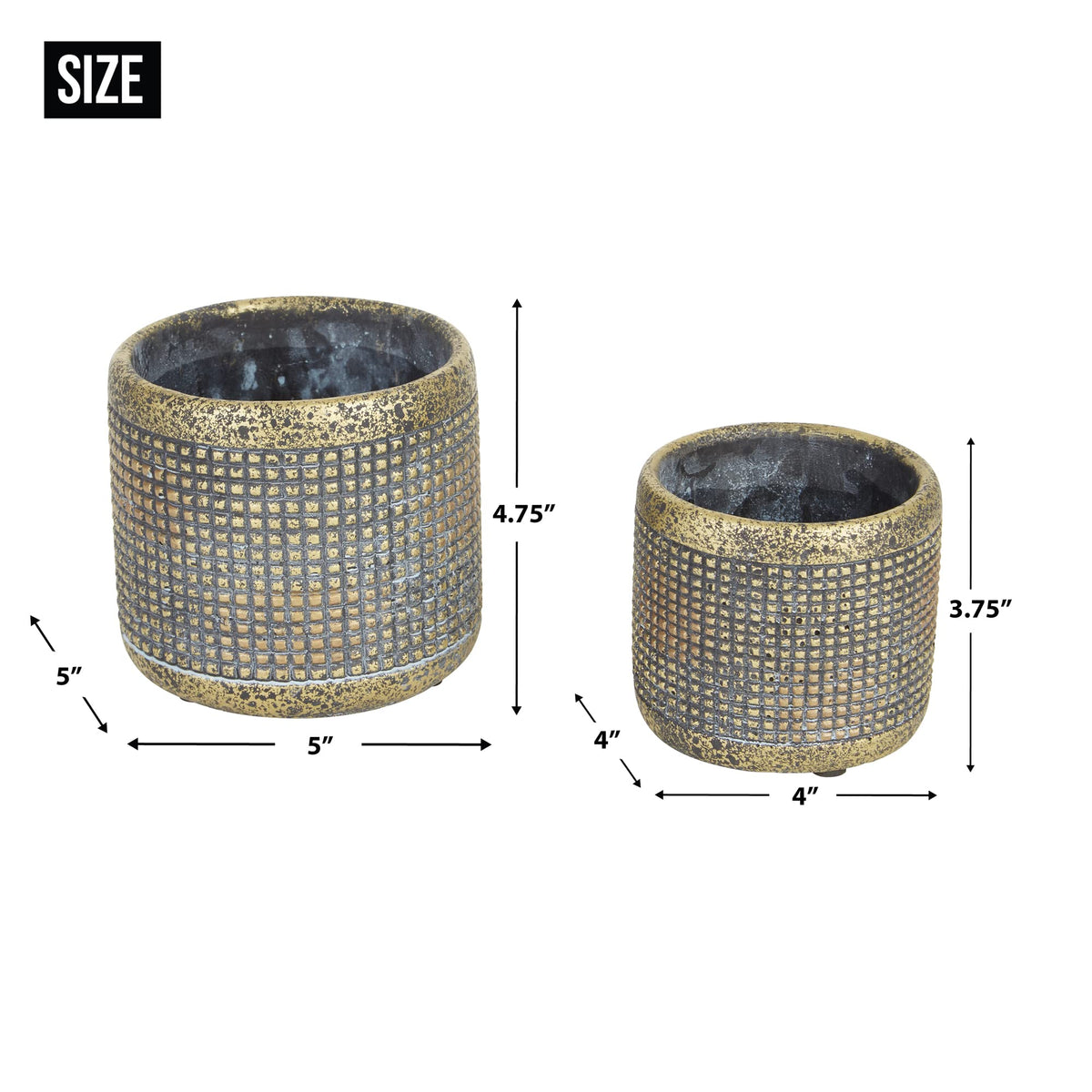 DII Planter Pot Collection Distressed/Weathered Indoor & Outdoor Cement, for Plants or Flowers, Small 4x3.75/Large 5x4.75, Modern Metallic, 2 Piece
