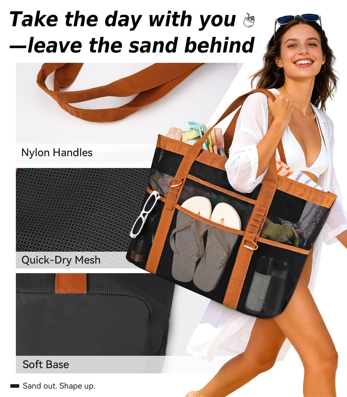 Yeendibo Chic & Spacious XX-Large Beach Bag for Women — 2026 Mesh × Canvas Tote with Top Zipper, 11 Pockets, Detachable Pouch, Foldable, 2 Carabiners