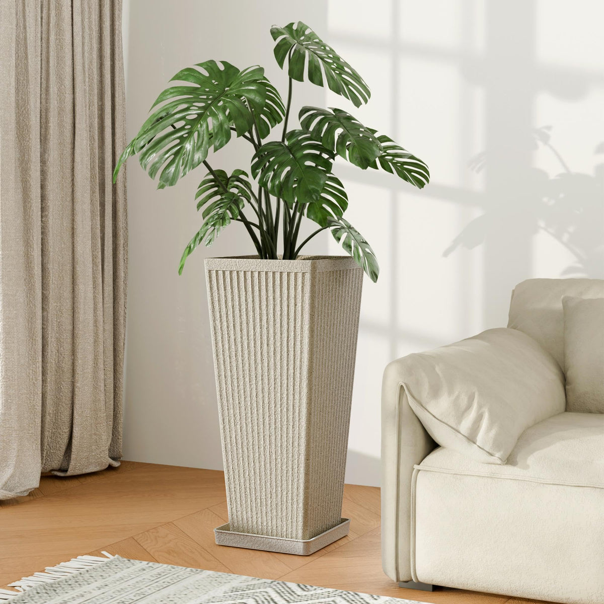 Trygoal Tall White Planters for Outdoor Plants - 23.6" Classic Tapered Large Outdoor Planters Set of 2 with Drainage Holes/Partition/Tray, Heavy-Duty Front Porch Planter for Porch Patio, Garden Vase