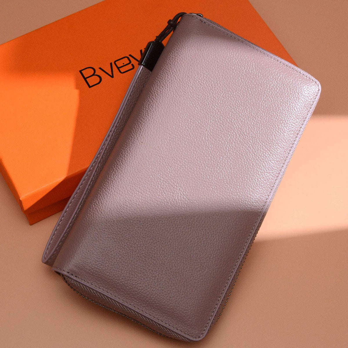 Bveyzi Women RFID Blocking Wallet Leather Zip Around Phone Clutch Large Capacity Ladies Travel Purse Wristlet (Dark Pink)