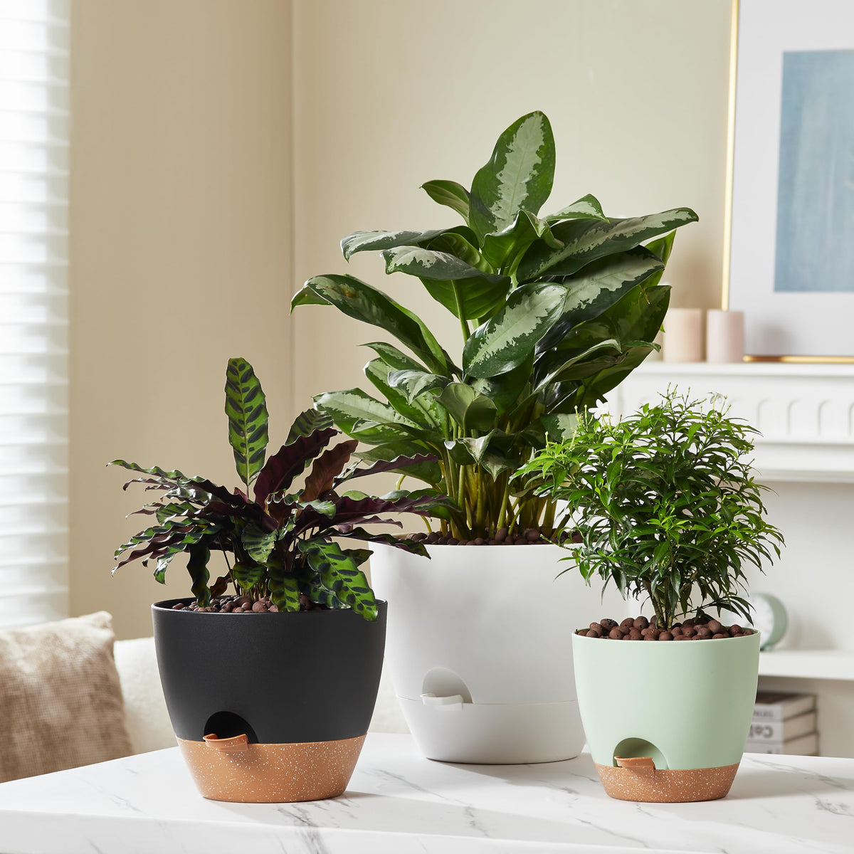 FaithLand 3-Pack Planter Pots, 10 9 8 Inch Self Watering Flower Pots for Indoor Outdoor Garden Plants, White with Brown