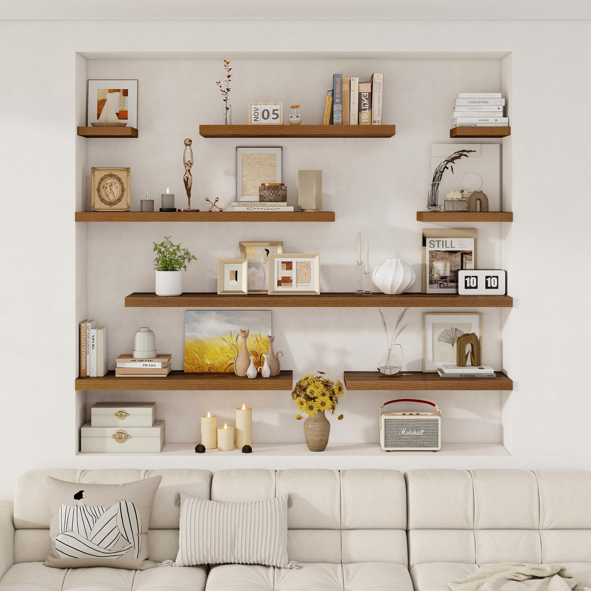 Fun Memories 24 x 12 Inch Deep Floating Shelves, 12 Inch Deep Rustic Wooden Book Shelf, Extra Deeper & Thicker Hanging Shelves for Living Room, Bathroom, Bedroom, Kitchen, Office, Set of 3(Walnut)