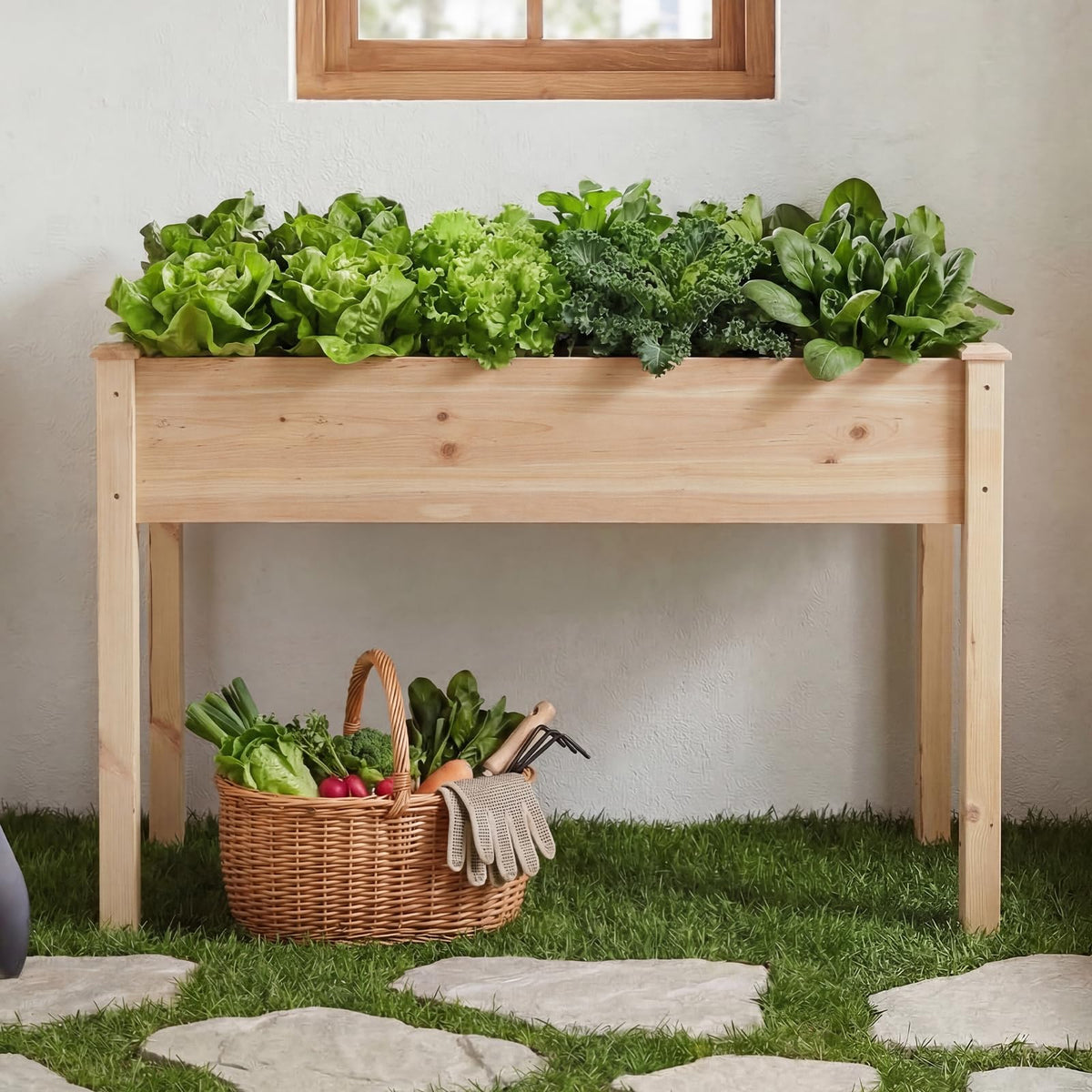 DUMOS Raised Garden Bed with Legs, 34x18x30 Inch Planter Box Outdoor with Liner for Herbs Flowers Vegetables, Elevated Wooden Garden Bed for Patio, Balcony and Backyard, Natural Wood