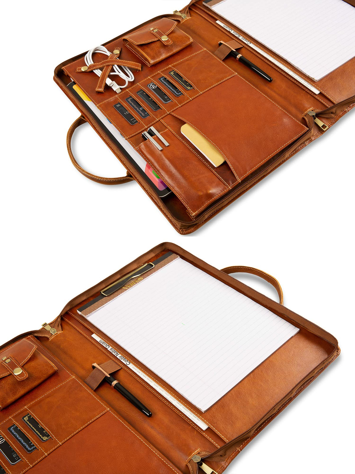 GZRHKJ Oil Wax Leather Portfolio, Padfolio Organizer with Handle, Personalized Padfolio,Padfolio With Zipper for Men Women,Suitable for 15-inch Laptop Legal Pad Padfolio, Brown